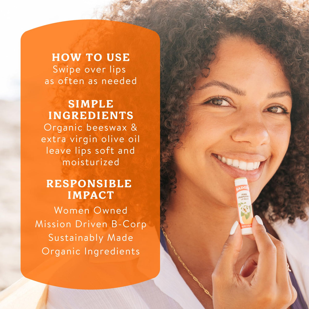 Badger lip balm held in hand to show size and portability for on-the-go use