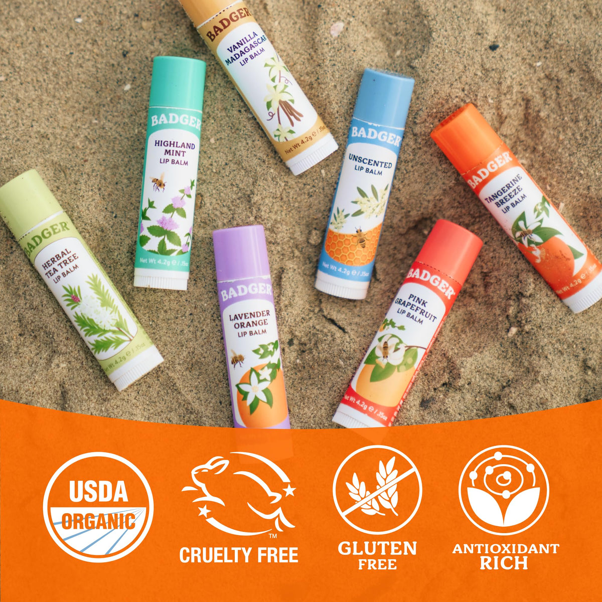 Badger brand logo and label close-up highlighting organic ingredients and claims