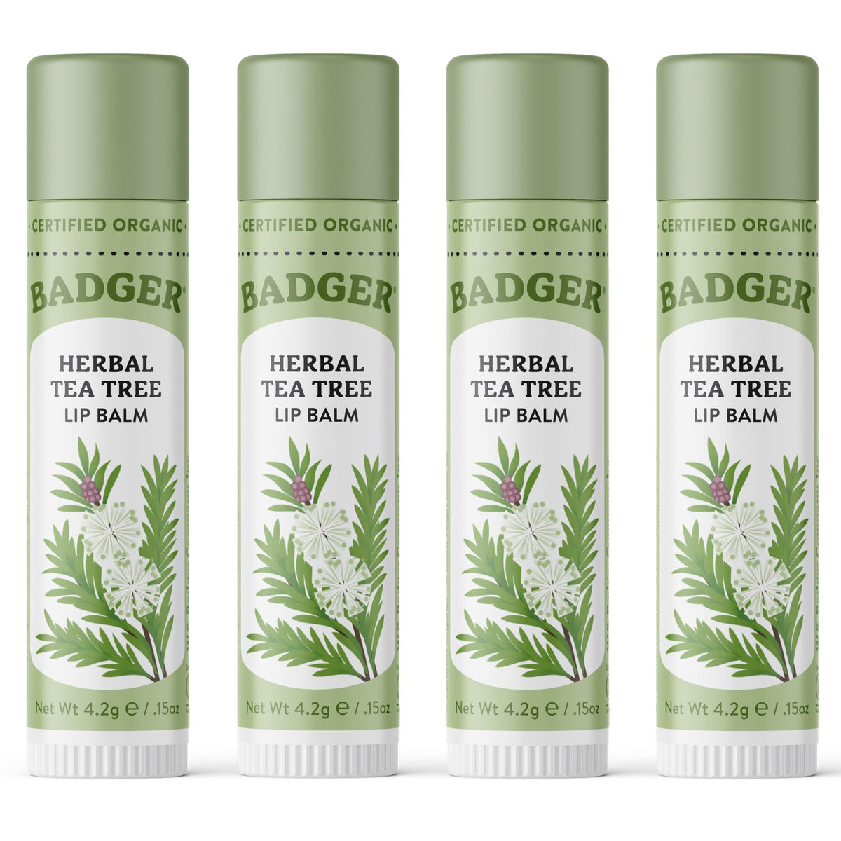 Badger front packaging showing organic tea tree lip balm benefits
