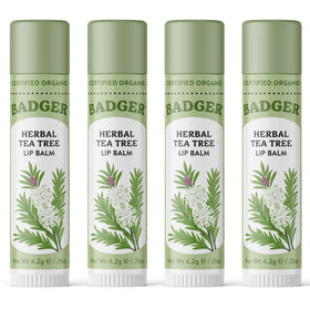 Badger front packaging showing organic tea tree lip balm benefits