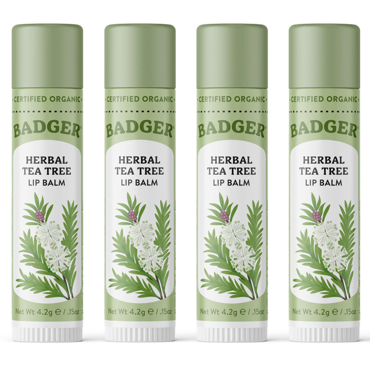 Badger front packaging showing organic tea tree lip balm benefits