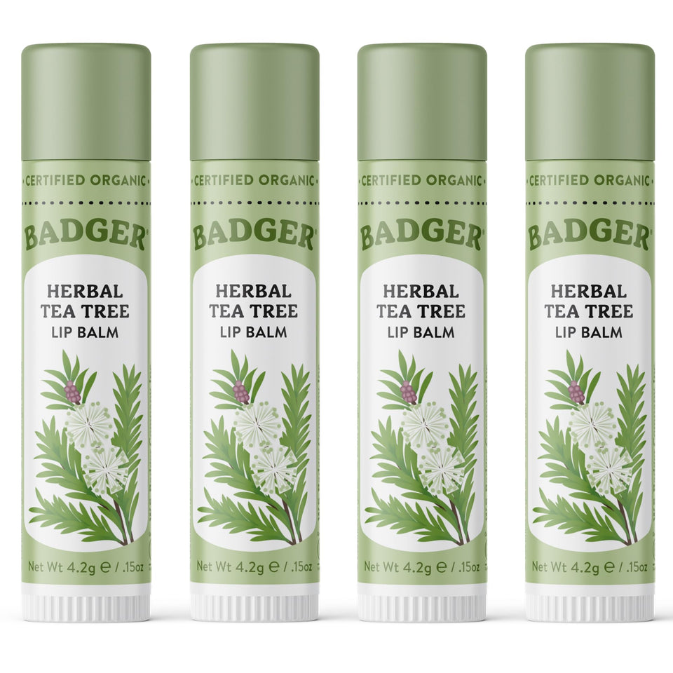 Badger front packaging showing organic tea tree lip balm benefits