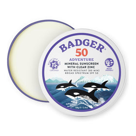 Badger tin front label showing SPF 50 and reef safe benefit