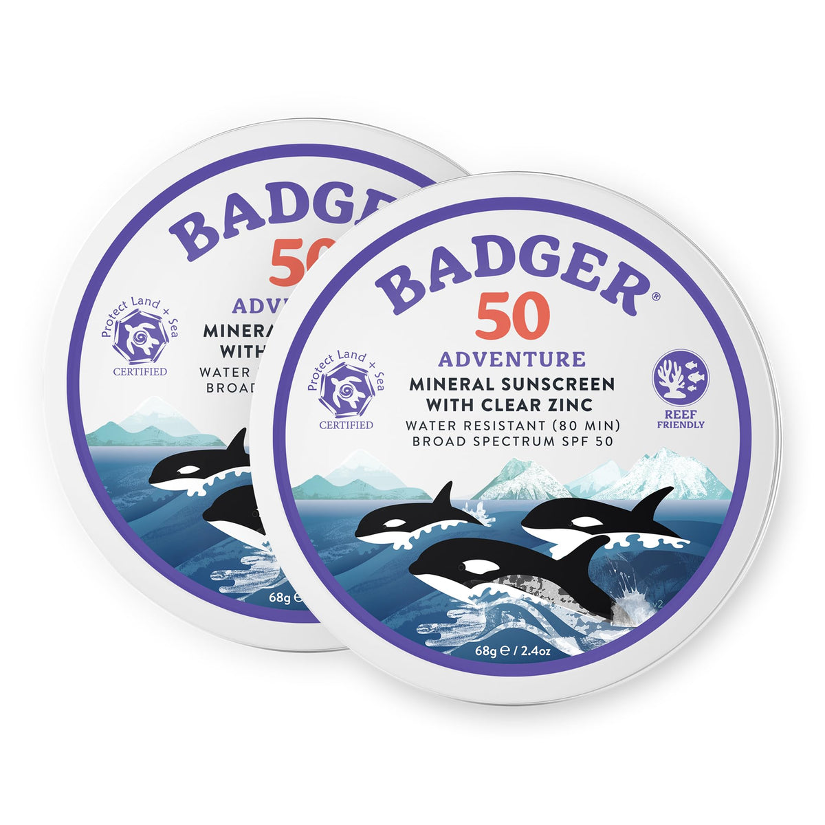 Badger tin front view showing SPF 50 and travel-friendly packaging benefit