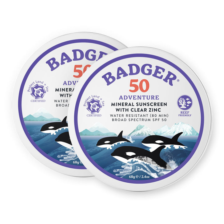 Badger tin front view showing SPF 50 and travel-friendly packaging benefit