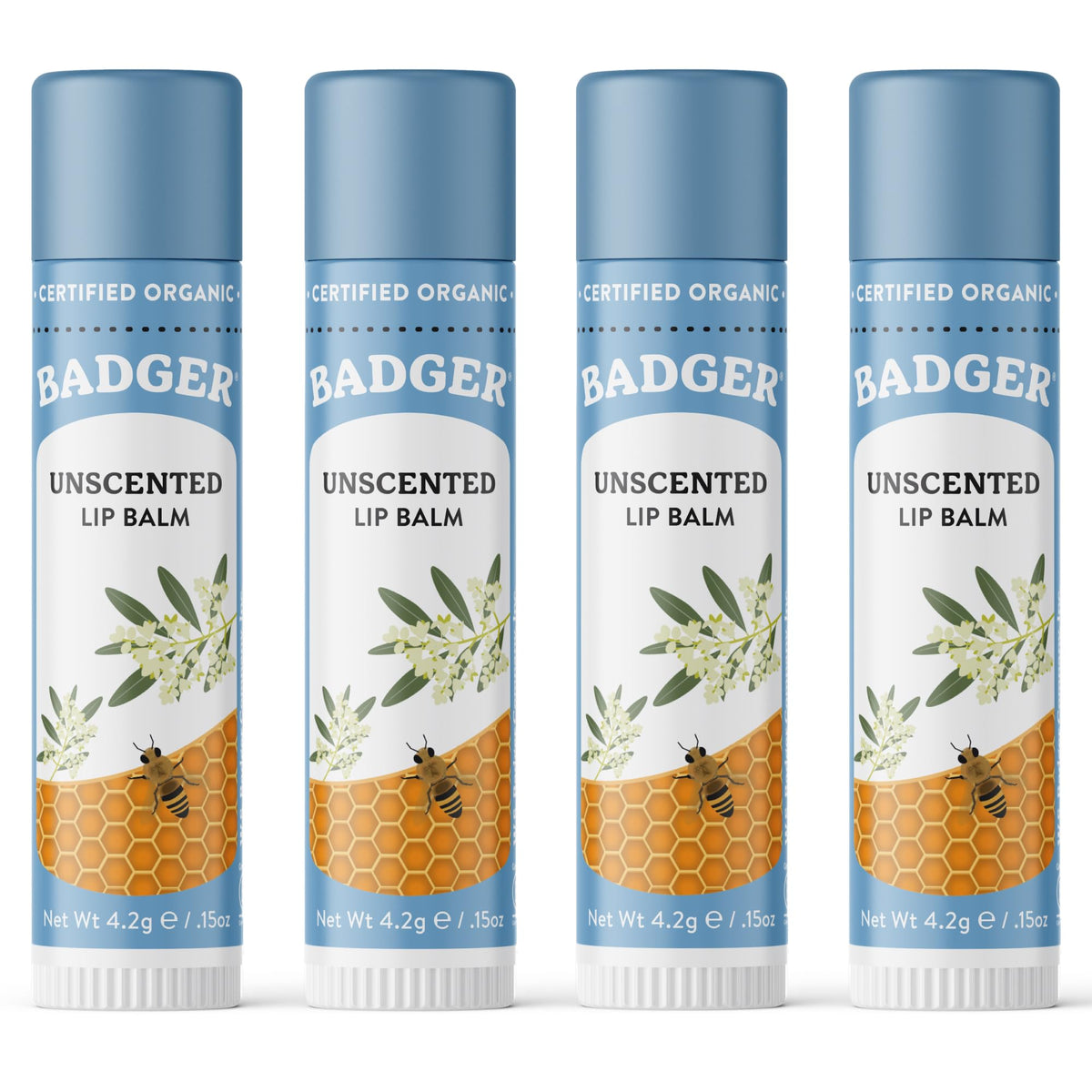 Badger unscented lip balm front view showing tube and cap, gentle protection
