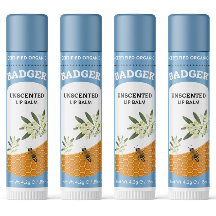 Badger unscented lip balm front view showing tube and cap, gentle protection