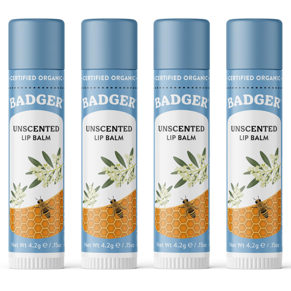 Badger unscented lip balm front view showing tube and cap, gentle protection