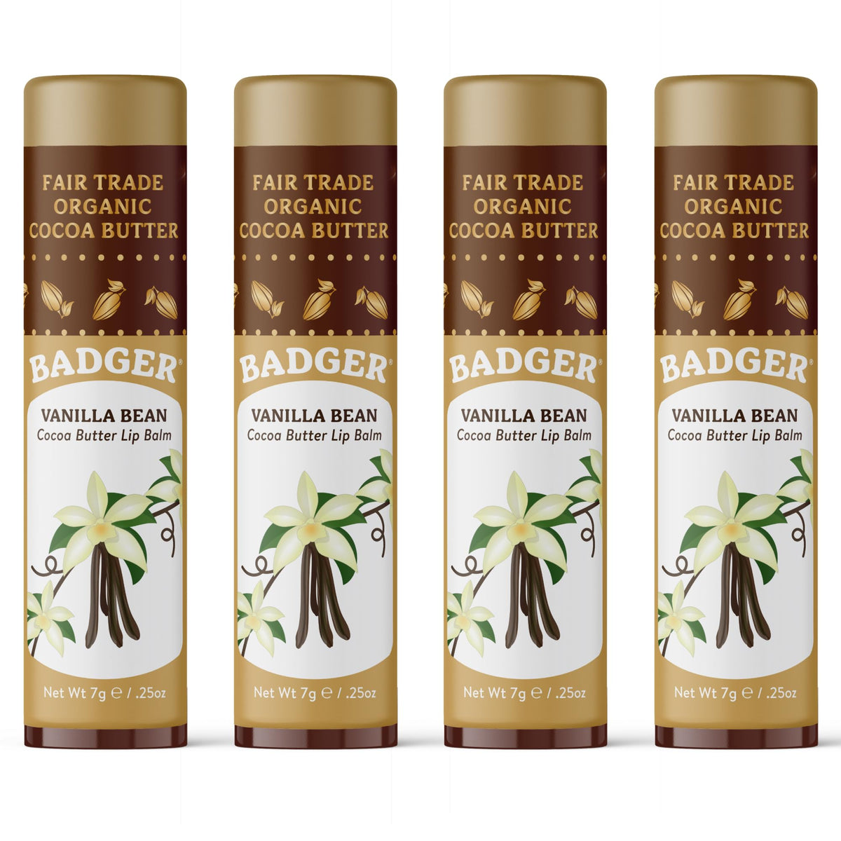 Badger front view of vanilla bean cocoa butter lip balm showing large stick and packaging benefit: clear product ID