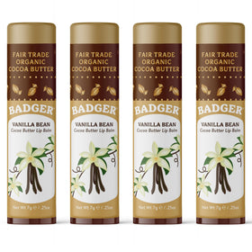 Badger front view of vanilla bean cocoa butter lip balm showing large stick and packaging benefit: clear product ID