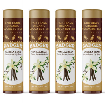 Badger front view of vanilla bean cocoa butter lip balm showing large stick and packaging benefit: clear product ID
