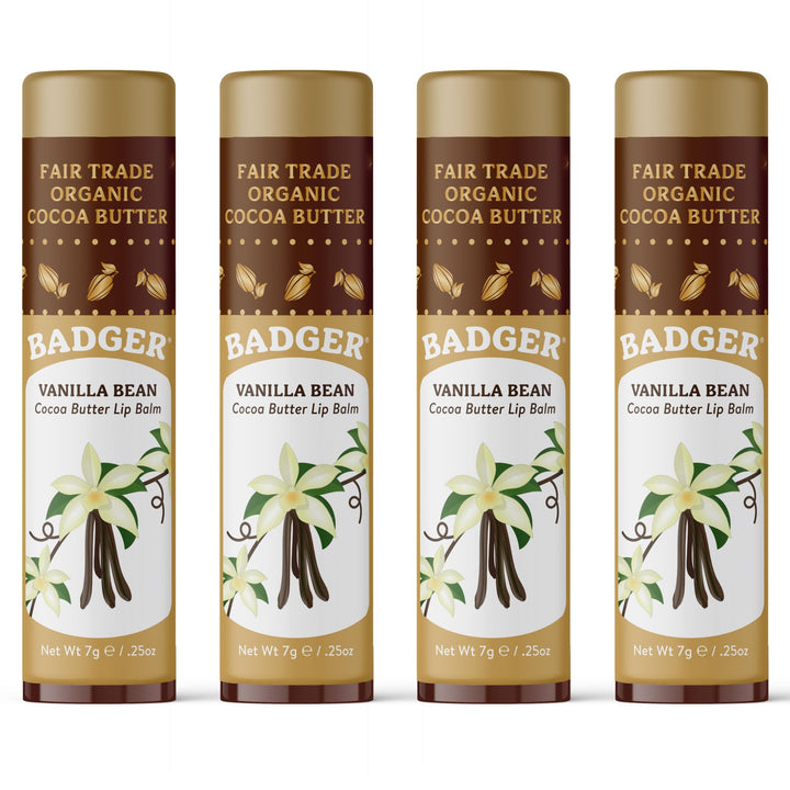 Badger front view of vanilla bean cocoa butter lip balm showing large stick and packaging benefit: clear product ID