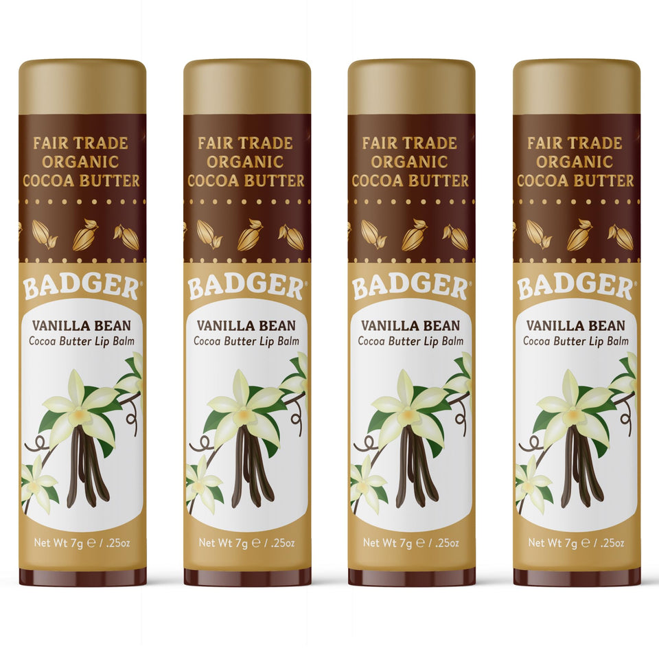 Badger front view of vanilla bean cocoa butter lip balm showing large stick and packaging benefit: clear product ID