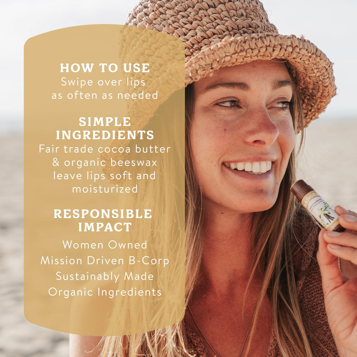 Badger balm being applied from tube to lips demonstrating easy application and immediate moisturizing benefit
