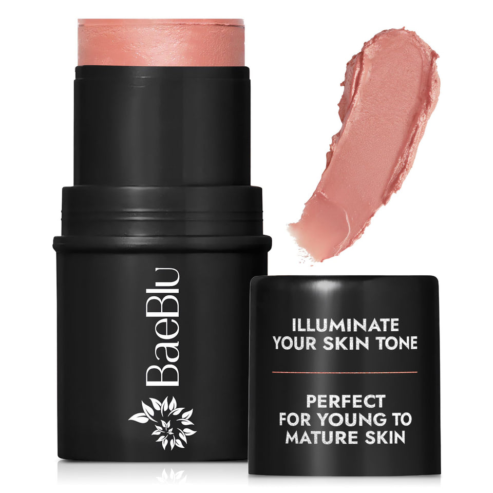 BaeBlu front packaging Rose showing label and compact stick benefit: quick multi-use color