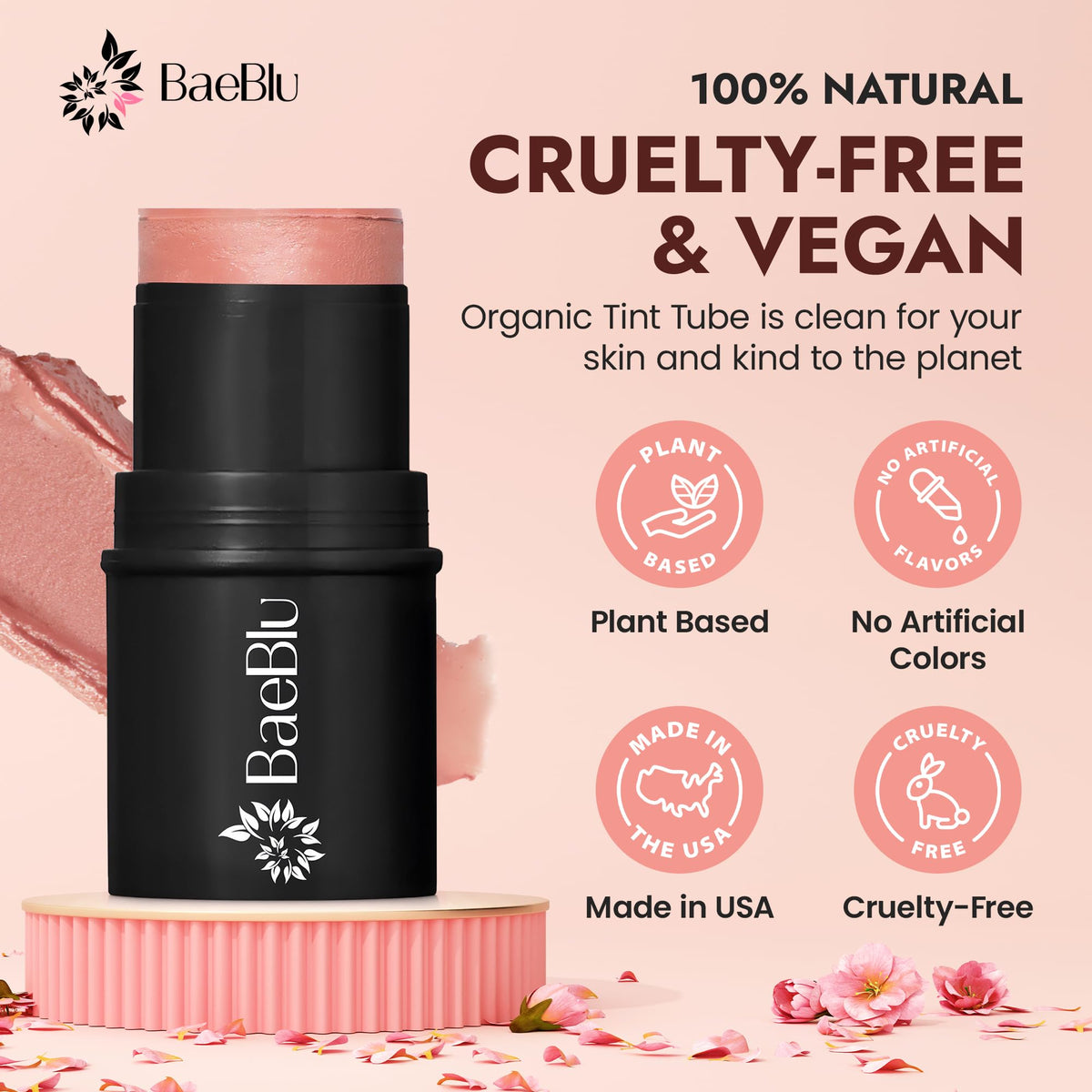 BaeBlu texture closeup cream swipe showing smooth blendability and natural sheen