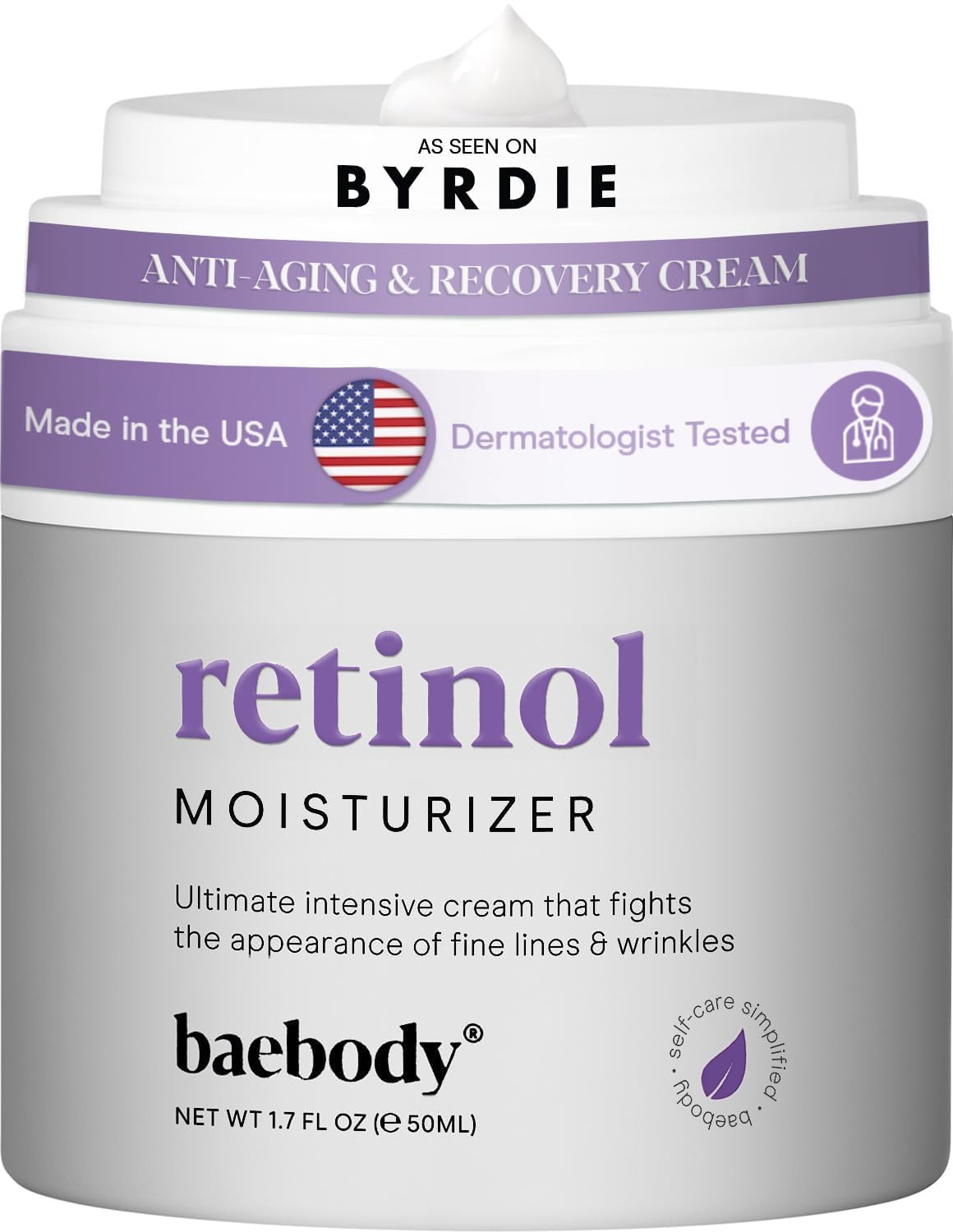 Baebody front packaging showing retinol cream, clear product identity and benefit