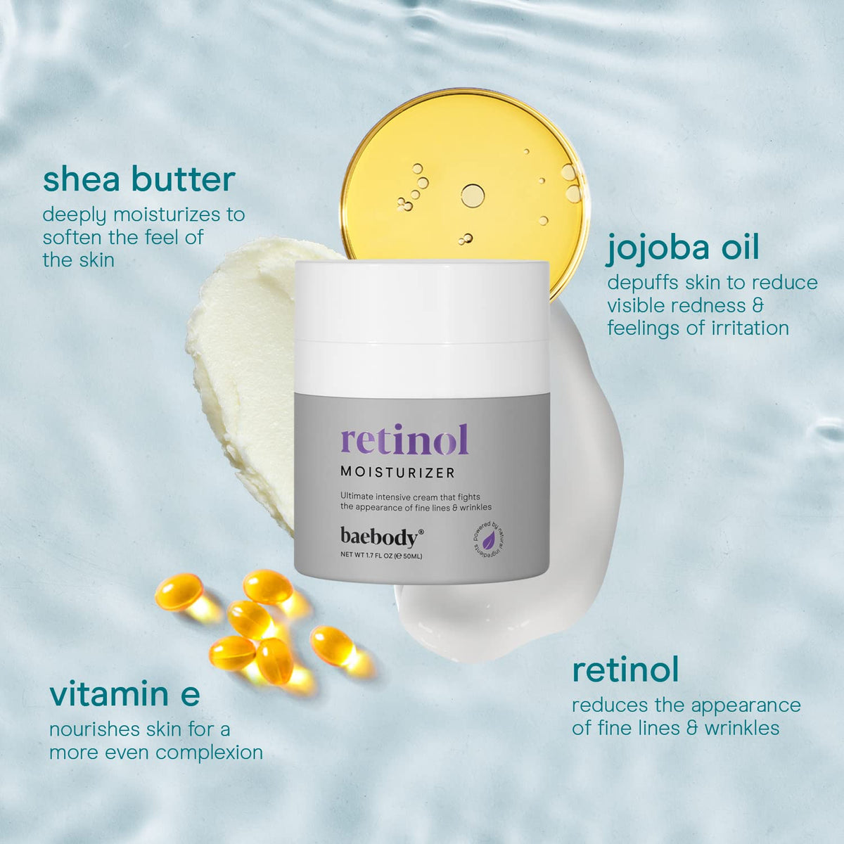 Baebody with jojoba oil and vitamin E bottles illustrating nourishing ingredients