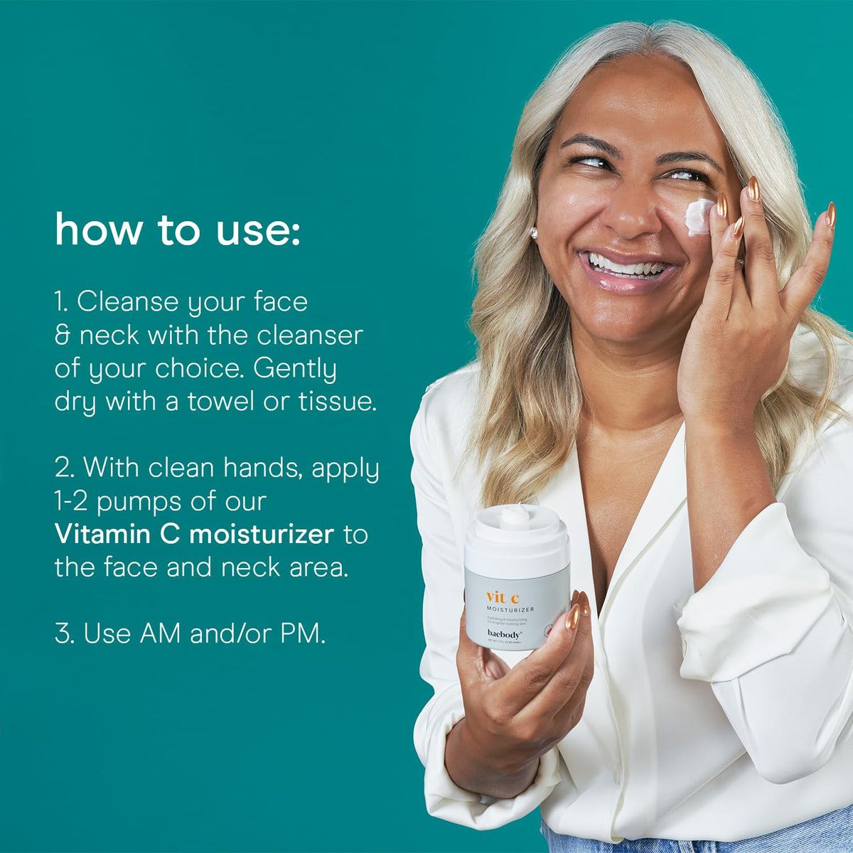 Baebody lifestyle daylight application on face showing luminous, hydrated appearance