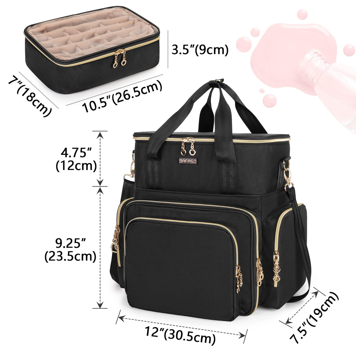 BAFASO side and front pockets storing powders, brushes, and nail tools