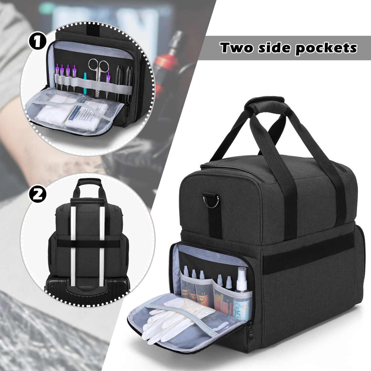 BAFASO side pockets with elastic bands holding tattoo guns and cartridges securely
