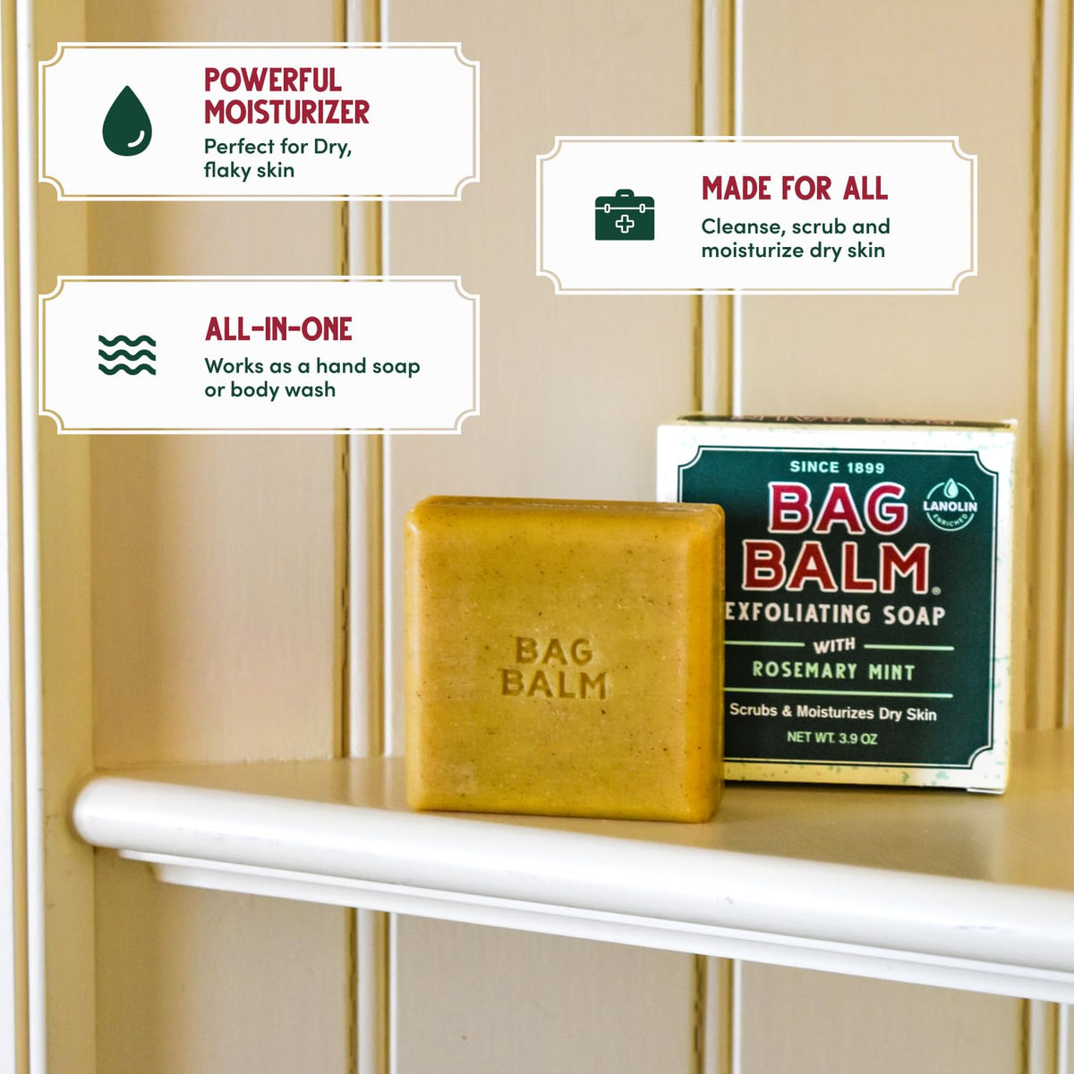 Bag Balm bar lathering in hand demonstrating gentle cleansing