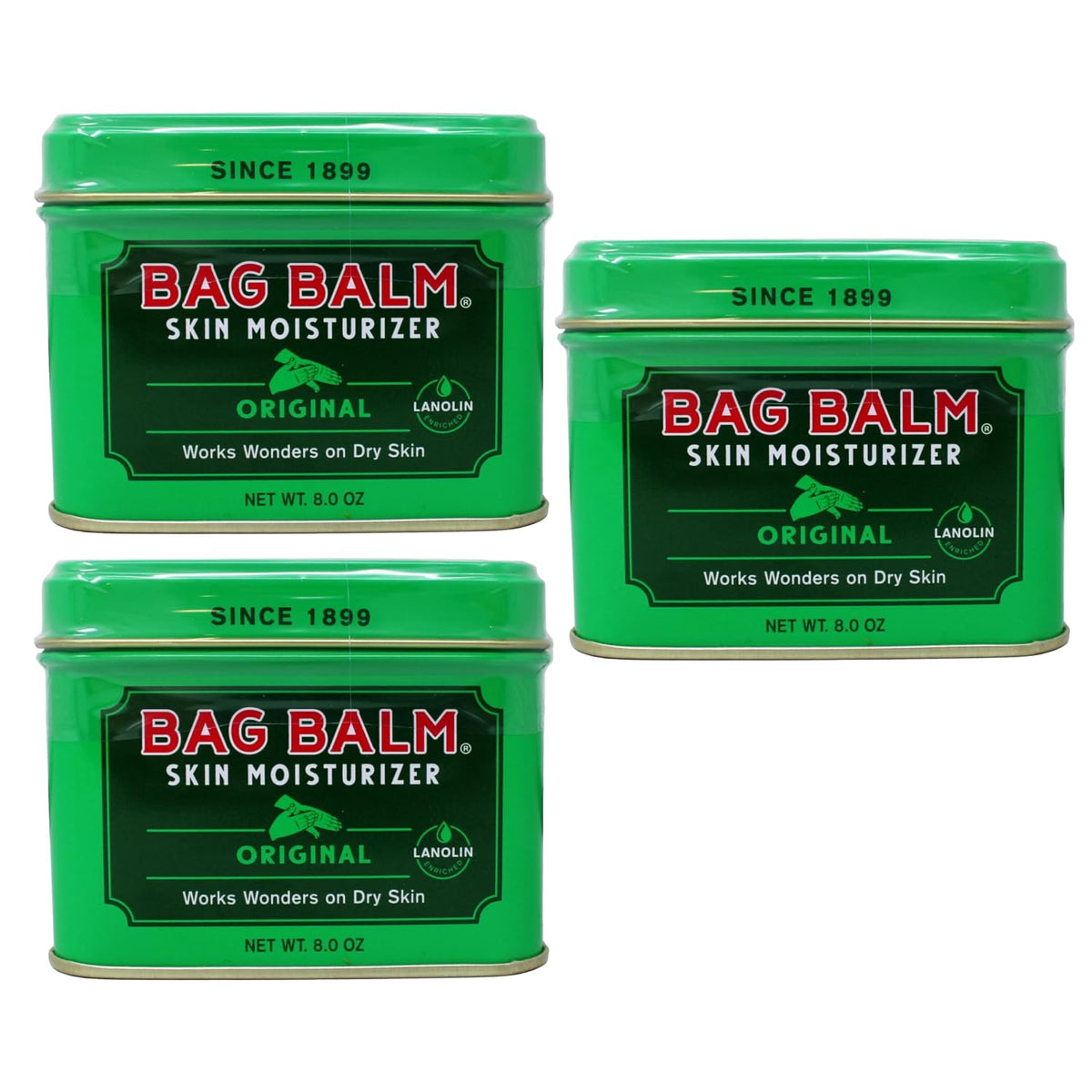 Bag Balm 8oz tin front view showing classic packaging and protection