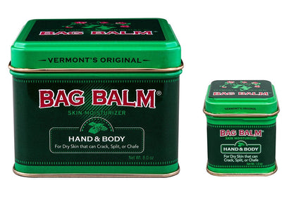 Bag Balm front view of 8 oz jar and 1 oz tin showing easy application benefit