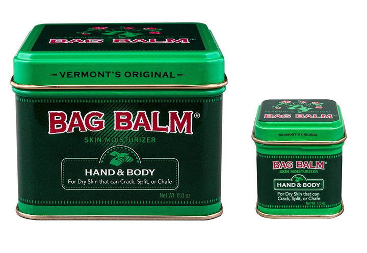 Bag Balm front view of 8 oz jar and 1 oz tin showing easy application benefit