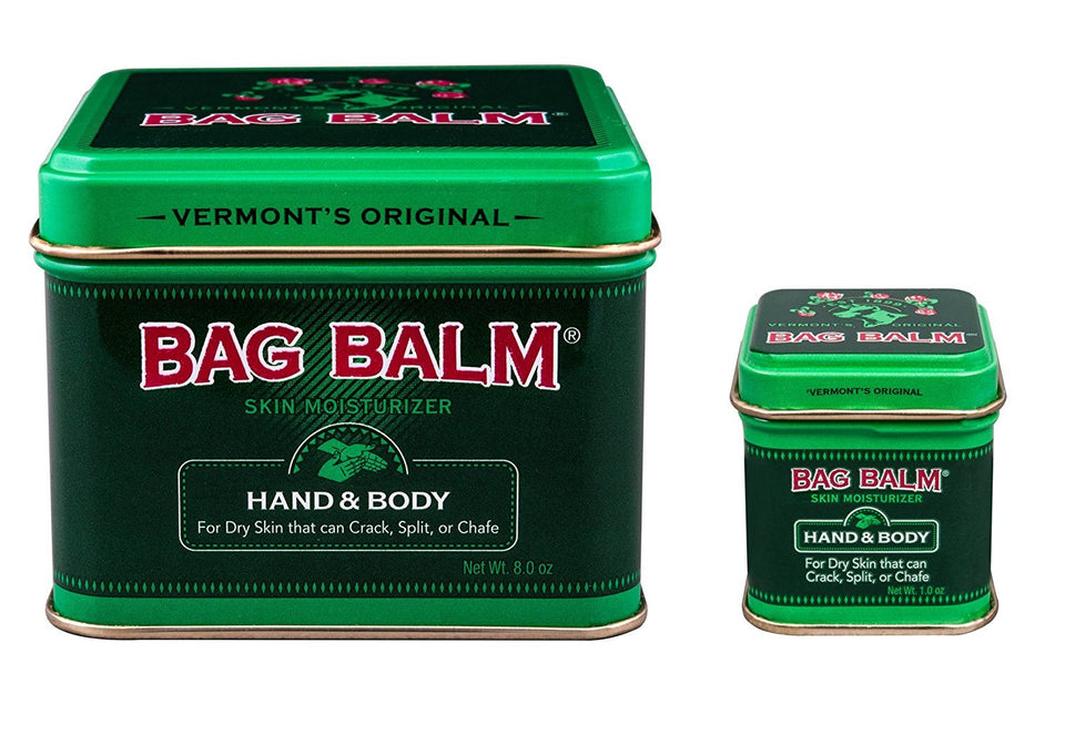 Bag Balm front view of 8 oz jar and 1 oz tin showing easy application benefit