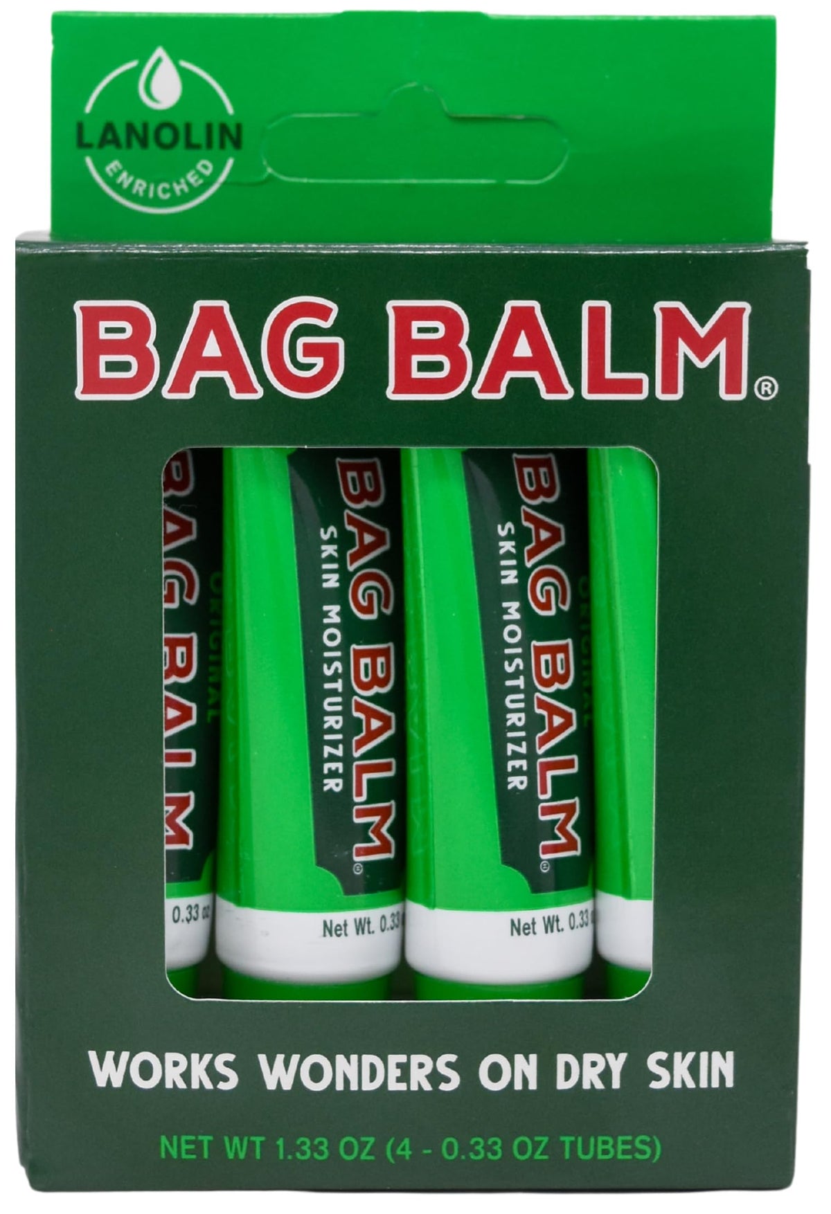 Bag Balm front packaging showing four gift tubes and brand for easy gifting