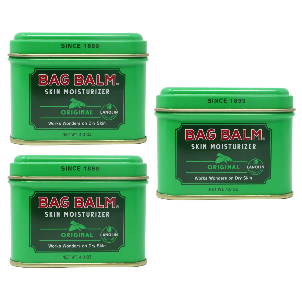 Bag Balm front tin showing brand and 4 oz size, soothing relief visible