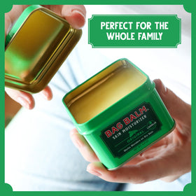 Bag Balm tin on bathroom shelf in lifestyle scene conveying everyday use