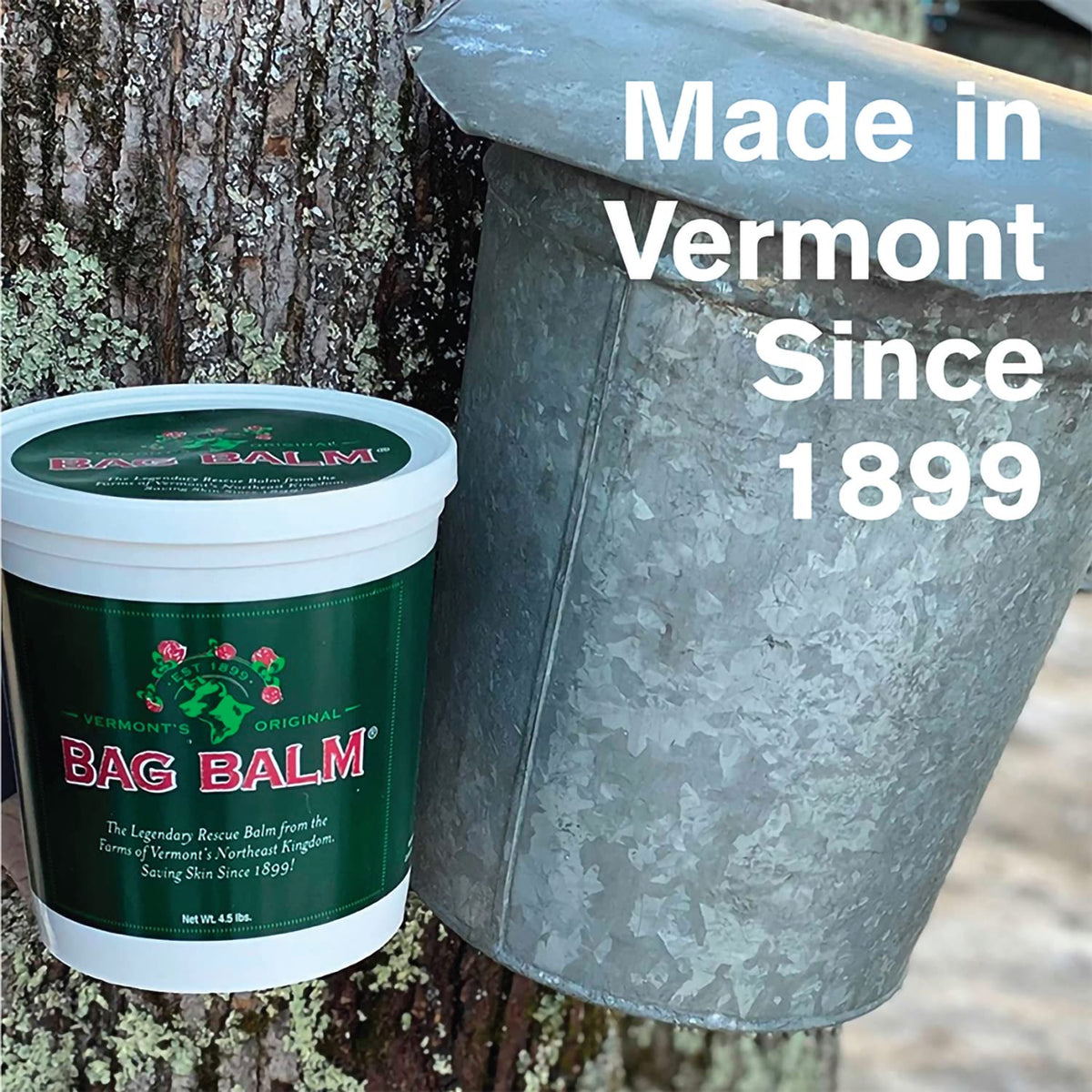Open 72oz Bag Balm pail with hand for scale demonstrating large supply