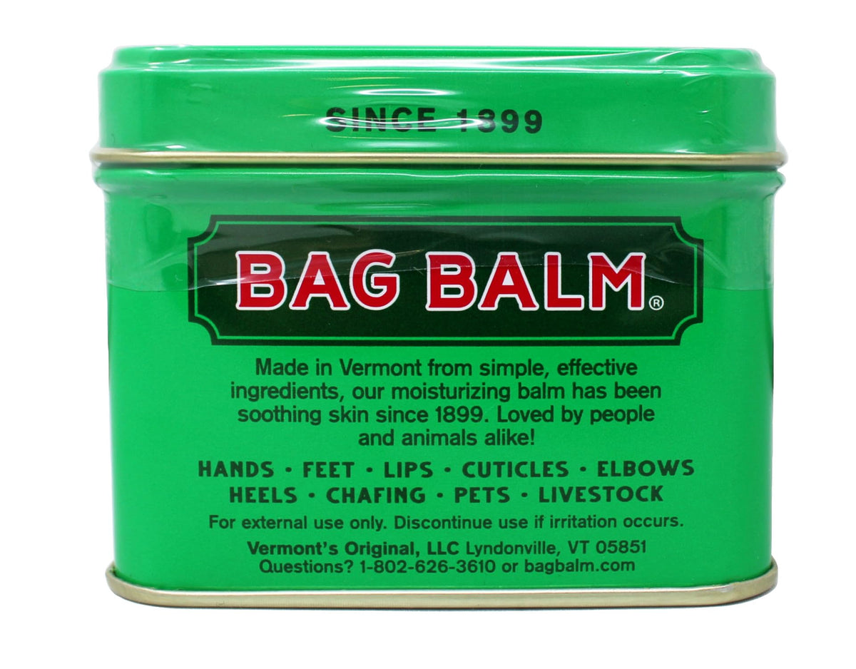 Bag Balm tin next to common objects for scale, highlighting portable care
