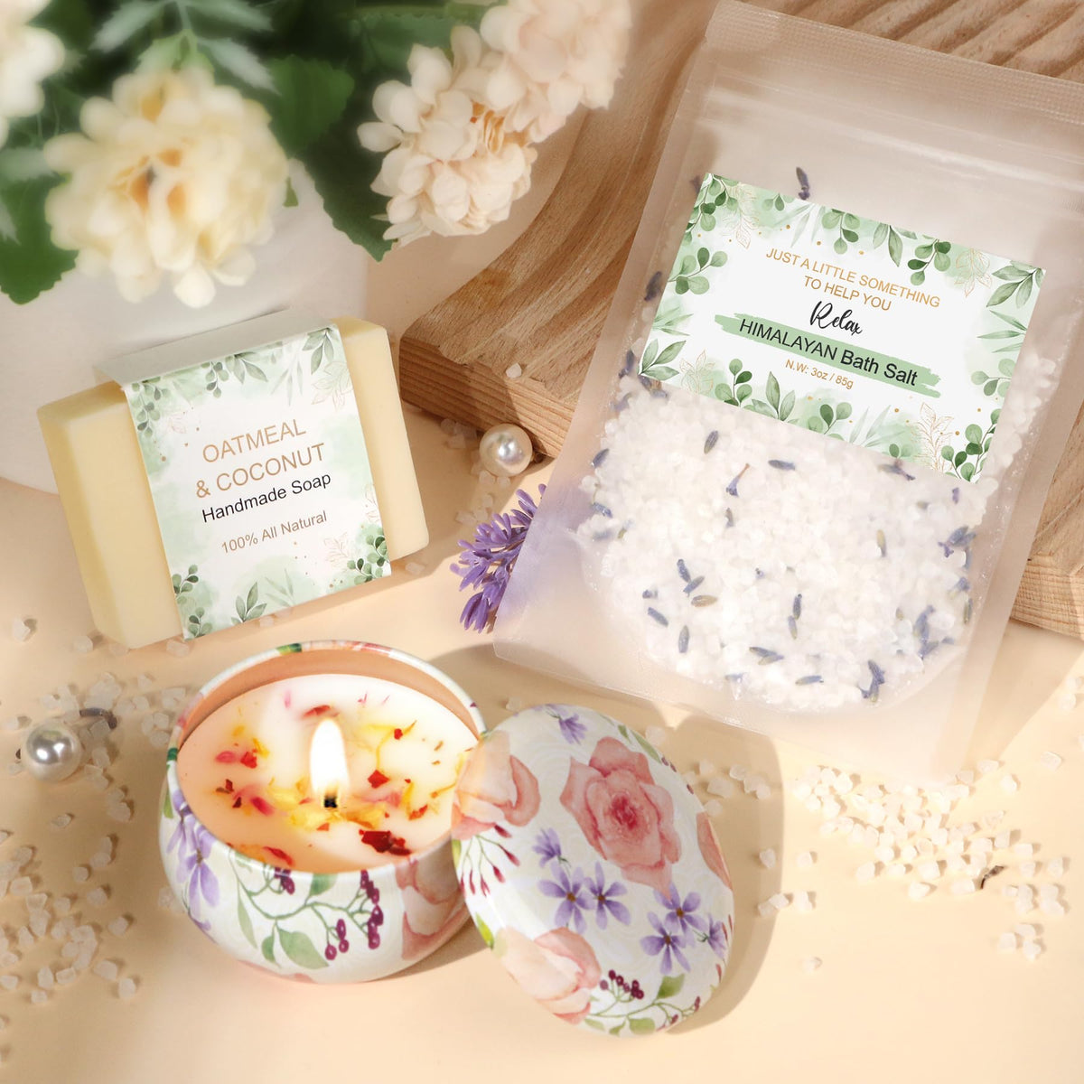 BaiCai floral candle and Himalayan bath salt arrangement creating relaxing ambience