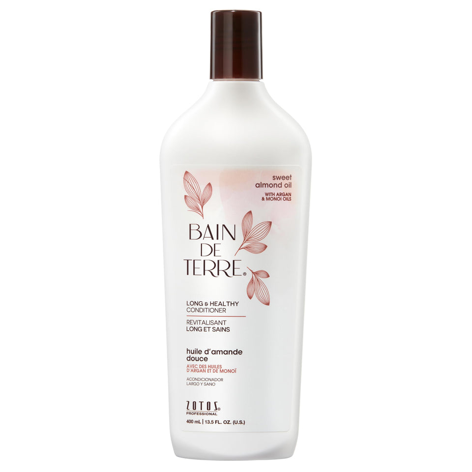Bain de Terre front bottle sweet almond conditioner showing product and benefits