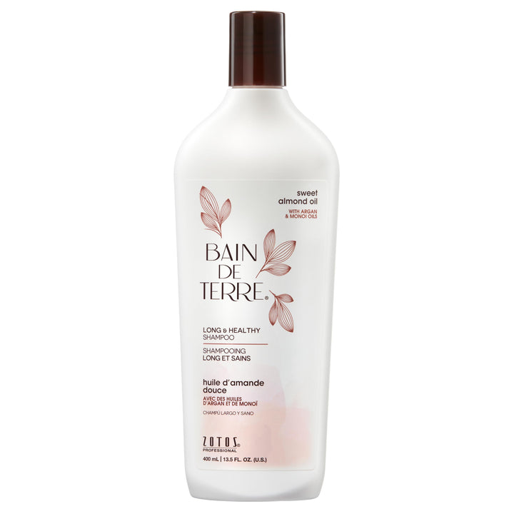 Bain de Terre front packaging showing sweet almond shampoo benefits