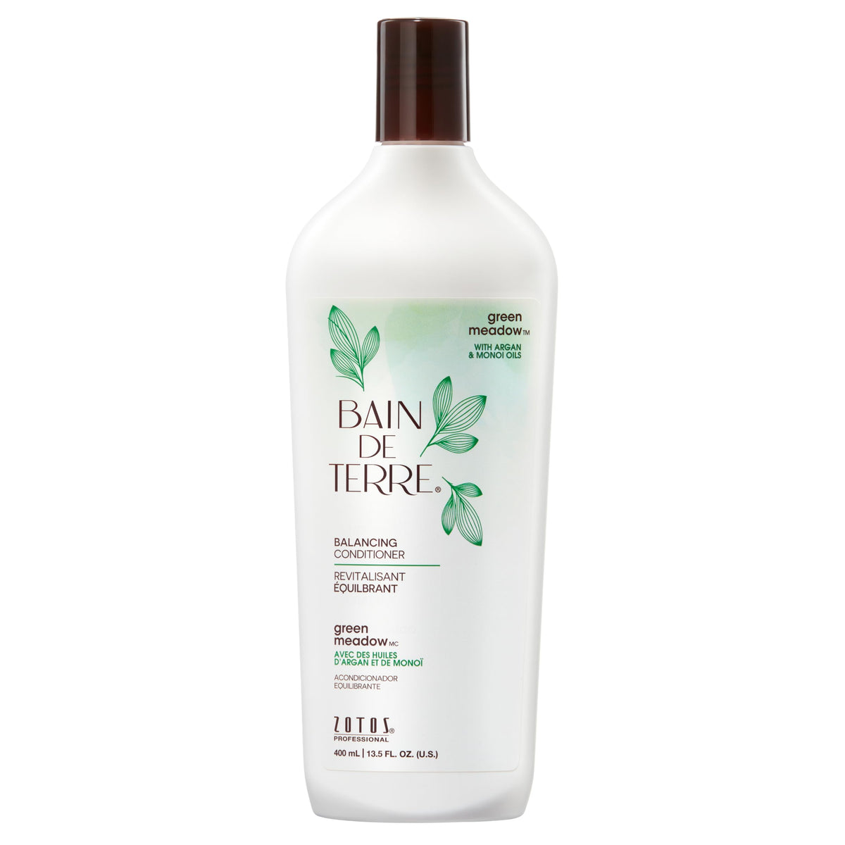Bain de Terre front bottle showing green meadow conditioner for balanced moisture