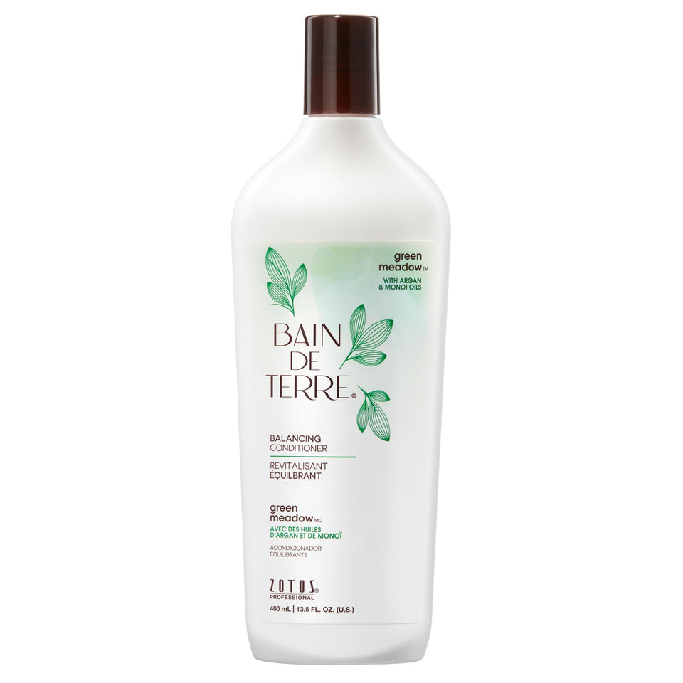 Bain de Terre front bottle showing green meadow conditioner for balanced moisture