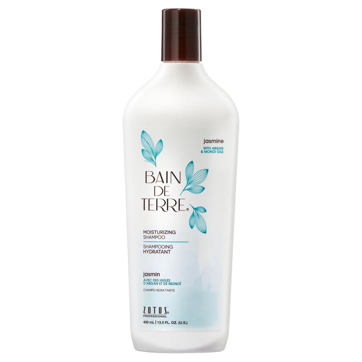 Bain de Terre bottle front view showing jasmine shampoo and benefits