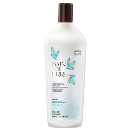 Bain de Terre bottle front view showing jasmine shampoo and benefits
