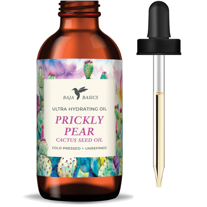 Baja Basics front bottle showing pure prickly pear seed oil and clean packaging benefit: clarity