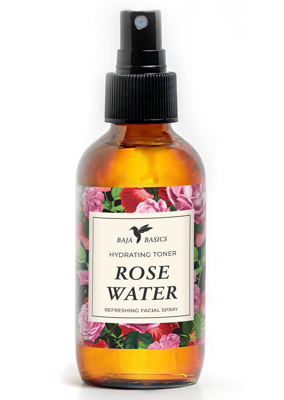 Baja Basics front label of 4 oz rose water spray showing clean packaging and benefits