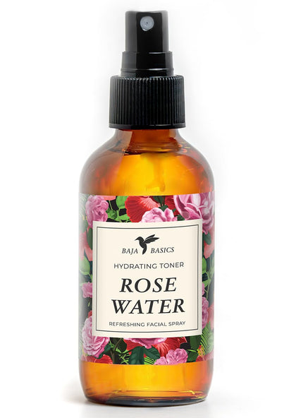 Baja Basics front label of 4 oz rose water spray showing clean packaging and benefits
