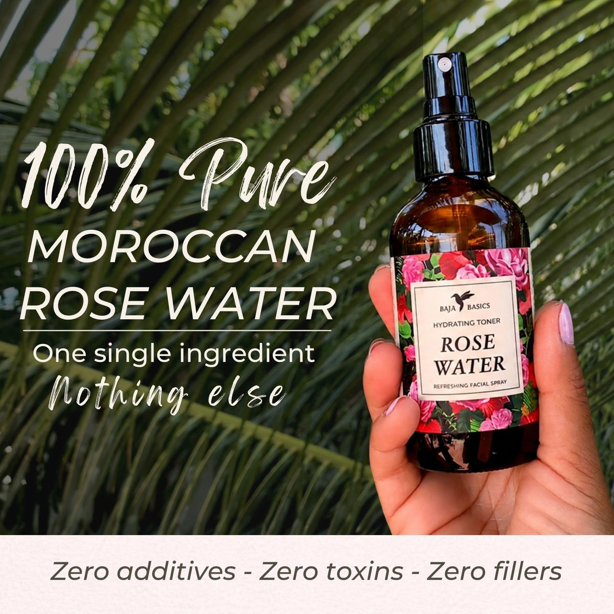 Baja Basics mist spraying onto face to hydrate and refresh skin instantly