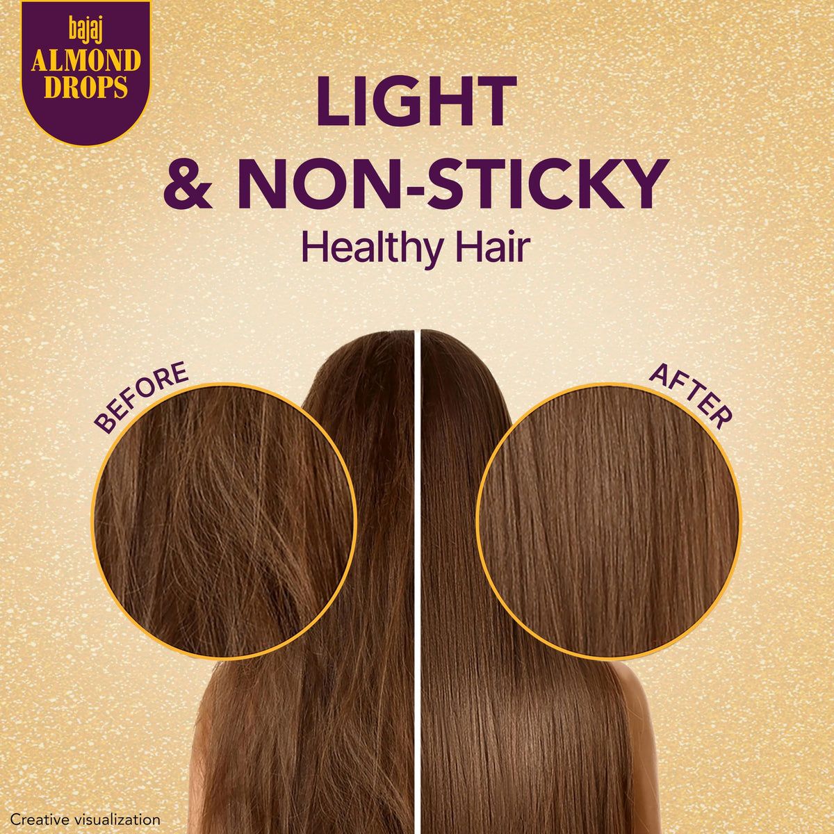 Bajaj Almond Drops hair before and after image showing improved shine and manageability