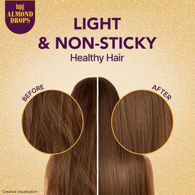 Bajaj Almond Drops hair before and after image showing improved shine and manageability
