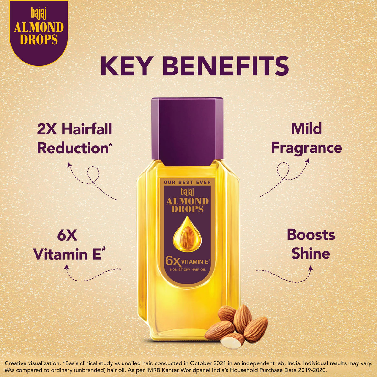 Bajaj Almond Drops texture closeup displaying clear, lightweight oil for quick absorption