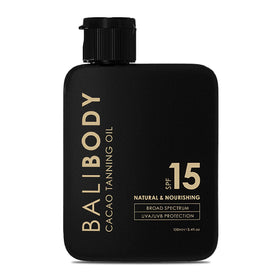 Bali Body front bottle showing cacao tanning oil and elegant packaging benefit: clear product identity